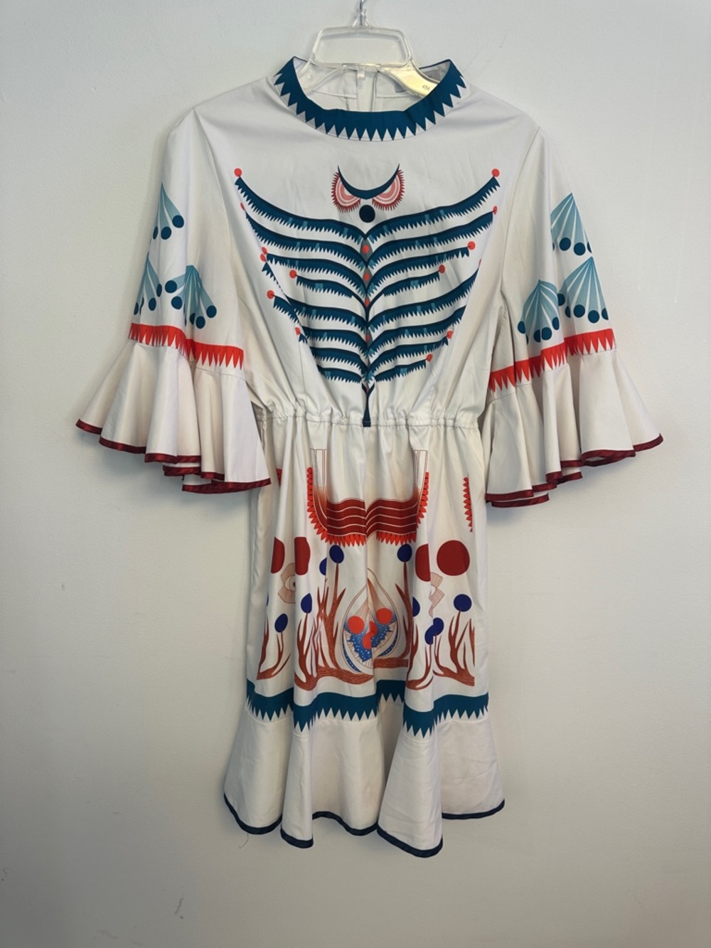 MISSLOOK White Mini Dress with Teal and Rust Graphic Motifs